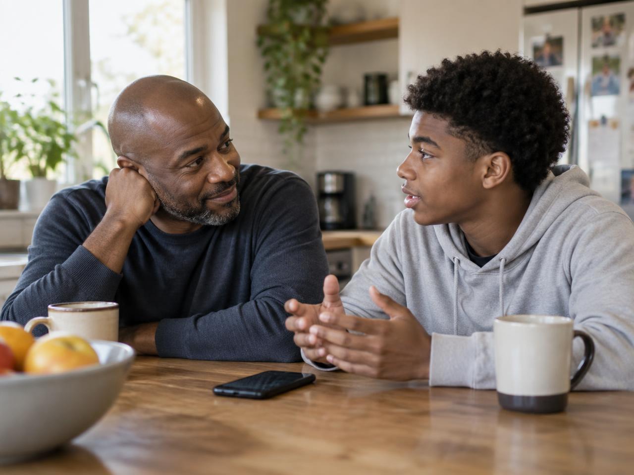A father listening attentively while his teenage son talks at the kitchen table
